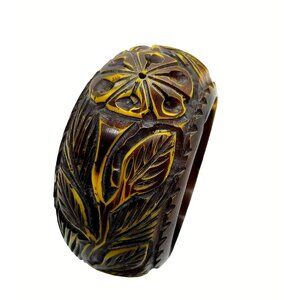 Vgt. Bakelite chunky wide hand carved yellow overdyed brown Bracelet Bangle